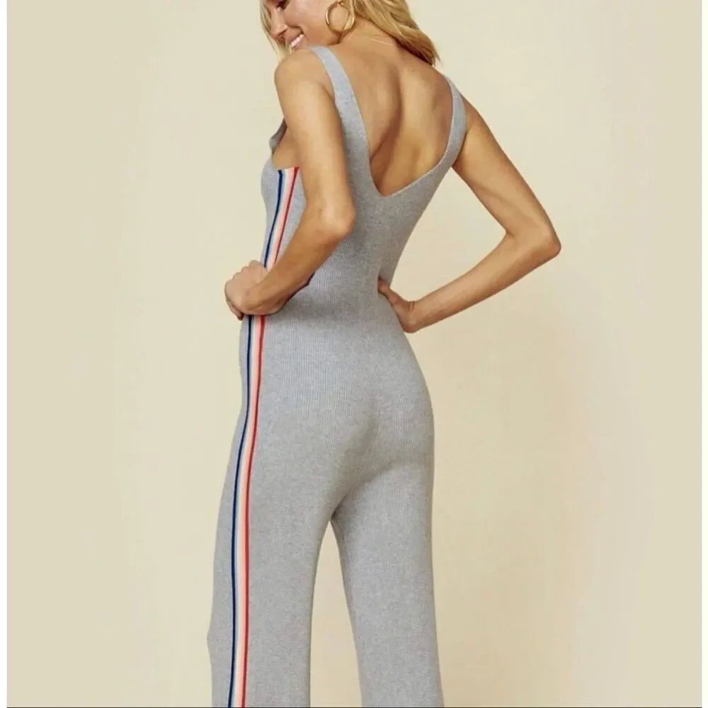 Spiritual Gangster womans gray ribbed rainbow track jumpsuit sleeveless Medium